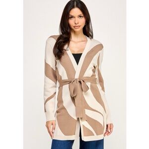 Taupe & Cream Belted Patterned Open-Front Cardigan